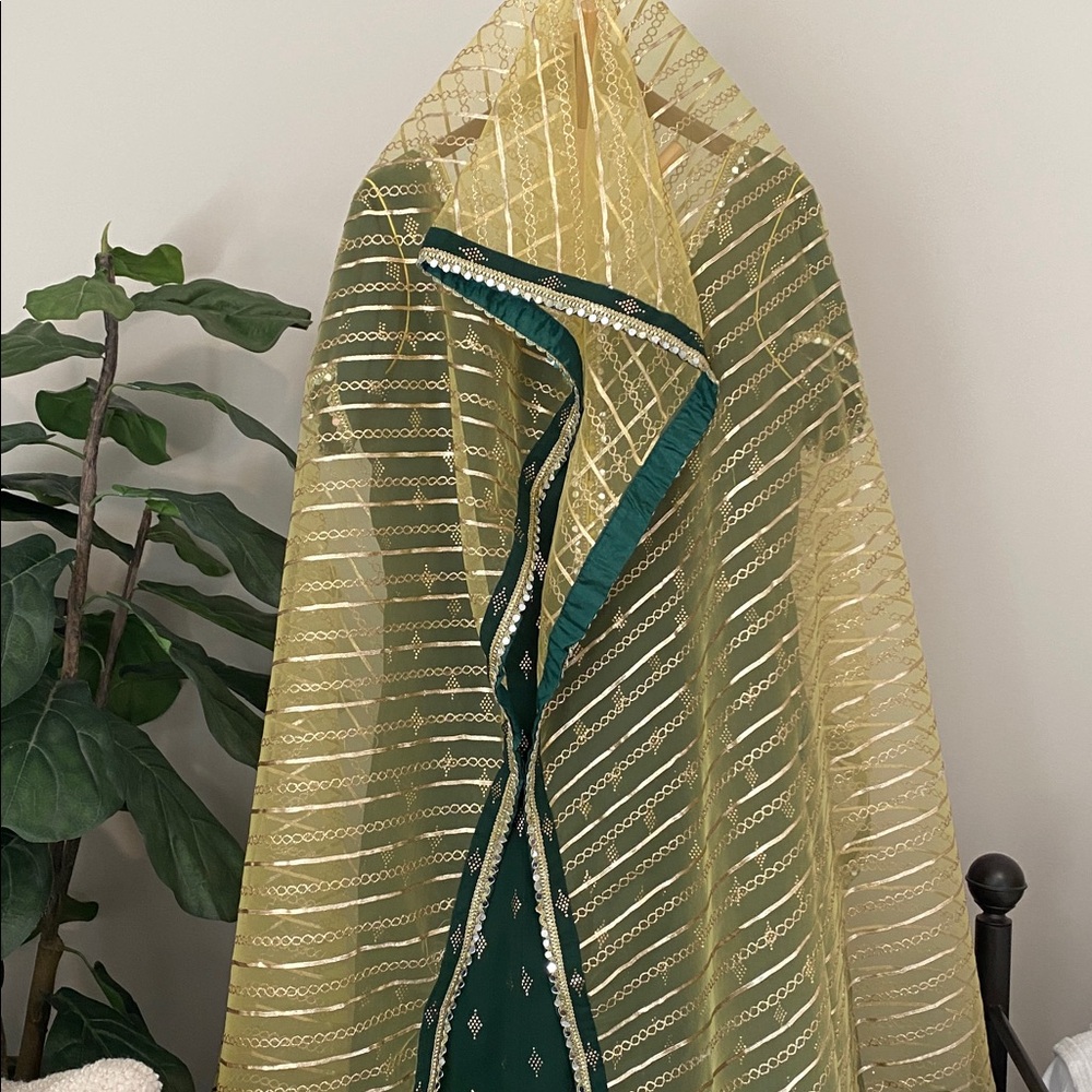 Custom Indian Wedding Guest Attire, Elegant Green and Yellow Dress - Picture 6 of 8